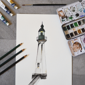 Lámina del Faro de St.-Valery en Caux Lighthouse, Normandy, France - acuarela