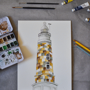 Lámina Faro Santander acuarela