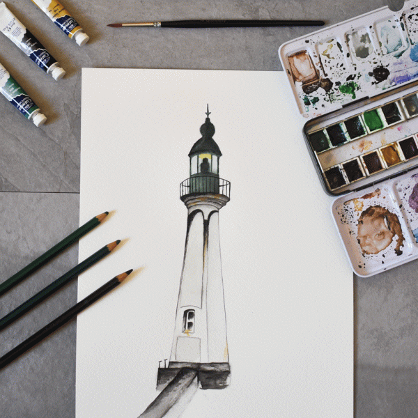 Lámina Faro de Normandy – Acuarela